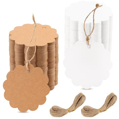 200 Pcs Etichette Carta Kraft, Etichette Regalo con Spago in Juta da 40M per Matrimonio, Compleanno, Fatti a Mano (Marrone, Bianche)
