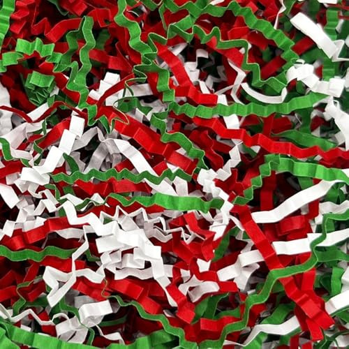 1 pund jul skrynkligt skuren pappersfyllning för presentkorgar, julgrässkonfetti, fyllning med krossat papper för födelsedag, bröllop, Thanksgiving (röd, vit, grön)