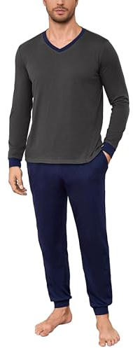 Bresdk Pijamas Hombre Invierno Algodon Cuello en V Ropa de Dormir de Manga Larga Pantalon Pijama con Bolsillo