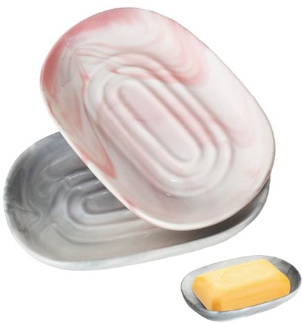 2 Pièces Porte Savon Céramique, Support Antidérapant pour Savon avec Motif Marbré pour la Salle de Bain, la Cuisine, l'Évier