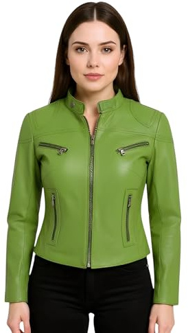 Infinity Leather Chaqueta Clásica de Motociclista de Cuero Auténtico Verde de Corte Entallado Para Mujer
