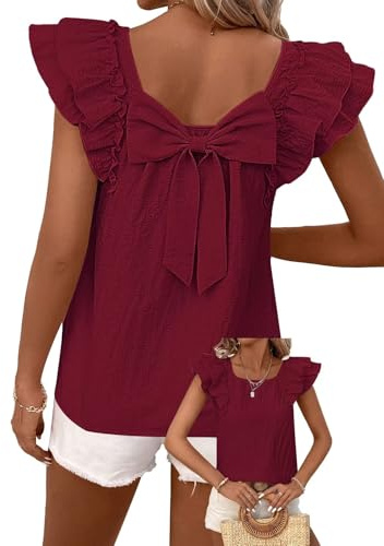 TUUHAW Summer Tops for Women UK Ruffle Short Sleeve Blouse with Bow Tie | Ruffle Short Sleeve Blouse with Bow Tie, Round Neck Casual Shirts, Cute Flowy Clothes Trendy, Chiffon Y2K Party Outfit