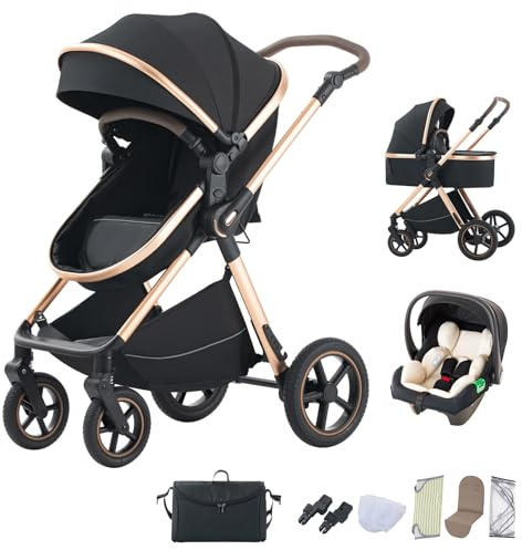 BEBBY 3-i-1-barnvagn, hopfällbar och bärbar kombinerad barnvagn, stadsvagnar med bilstol, paraplyvagn, landskap, hög ram i aluminium för nyfödda (D2-svart, H2-D)