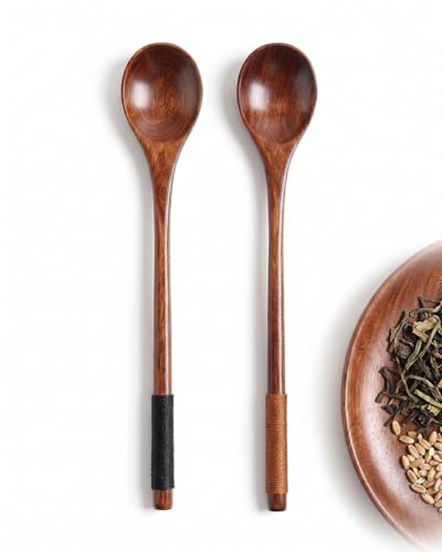 TISCH Cucharas de Madera para Miel - Juego de 2 Cucharas Largas de Nanmu para Café, Té y Postres. Agitador natural, seguro para ollas.