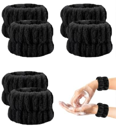 DAFNE 6Pcs Muñequeras Toalla,Muñequeras de Microfibra para Lavarse Cara de Evitan Que Líquido se Derrame por Tus Brazos,Bandas de Muñeca Absorbentes de Agua Suave,Muñequera Deportiva Yoga Tenis,Negro