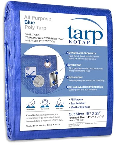 Kotap 15 x 25 Ft. All-Purpose Multi-Use Protection/Coverage 5-mil Poly Tarp, Waterproof, Blue, (TRA-1525)