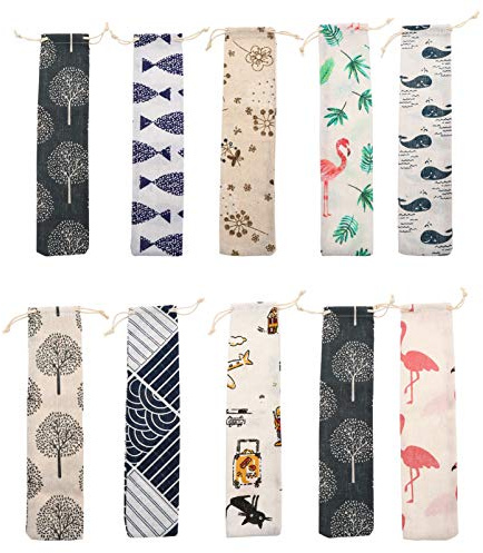 PRETYZOOM 10Pcs Étui de Transport en Paille Portable Coton Lin Cordon de Serrage Sacs à Couverts Pochette Réutilisable pour Couteaux Fourchettes Cuillère Utilisation de Voyage (Couleur