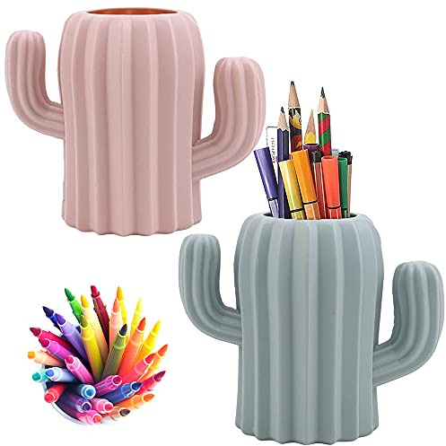 2 Pieces Pen Pencil Pot Holder, Stationery Storage Pen Container, Makeup Brush Holder, Creative Funny Cactus Shape Desk Pen Holder Stand for Desk, Office Supplies, Vanity Table (Pink, Green)