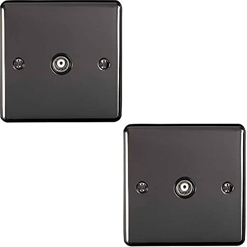 2 PACK | Single Aerial RF Coaxial Socket/Female Wall Plate – BLACK NICKEL & Black Trim – 1 Gang TV Outlet For Digital & Analogue Signals