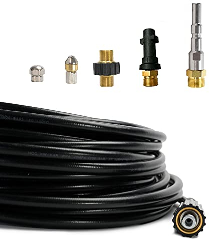 M&M Smartek Rohrreinigungsschlauch 6-Teilig SET für Kärcher Kränzle NILFISK ALTO WAP Professional HD HDS 1/8 AG : M22 x 1,5 IG & Bajonett-Adapter & Adapter KEW & 2x Düsen (30 Meter)