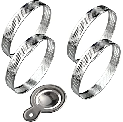 Stareal Lot De 4 Anneaux à Tarte Circulaires avec Trous en Acier Inoxydable pour Tarte Aux Fruits, Quiches, Gâteau, Mousse, Moule De Cuisine avec 1 Séparateur D'?ufs (11cm)