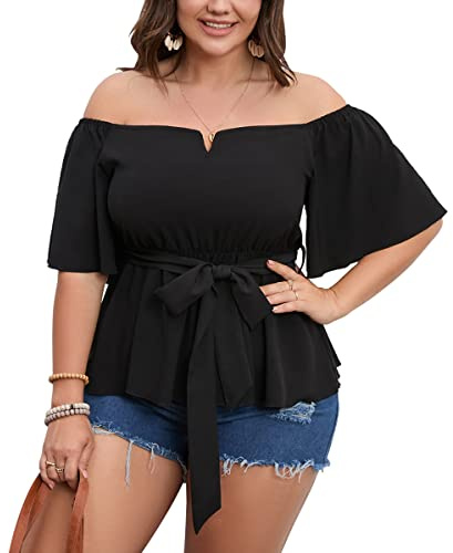 SCOMCHIC Women's Plus Size Off The Shoulder Peplum Blouse Top Half Bell Sleeve Tie Waist Ruffle Hem Babydoll Tops Black