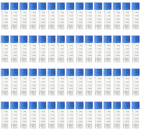 HUAZIZ 60 Pcs 2 Ml Plástico Tubos de Ensayo, Tubo criogénico, Contenedor de Muestra, Tubo de Congelación de Laboratorio, Vial de Plástico con Tapa de azul Sellado de Tornillo para Laboratorio