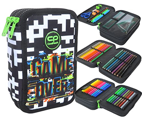 CoolPack XXL Federtasche Federmappe 3-Fach Schulstiftetui, dreifaches Federmäppchen, Federmäppchen Für Junge, Mädchen | Game Over, Federmäppchen 44-teilig gefüllte Schüleretui 3-stöckig