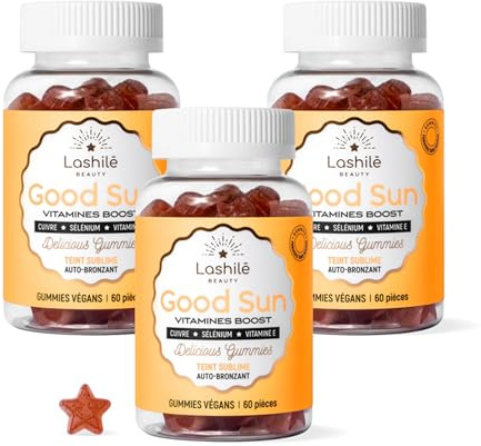 Lashilé Beauty - Integratore alimentare Solare - Autoabbronzante Preparatore e Accelera l'Abbronzatura - Good Sun Vitamine - Efficacia Dimostrata - Vit E e A Beta-carotene - Cura 3 Mesi 180 Gummies