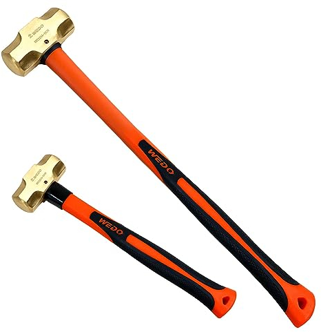 WEDO 2PCS Brass Sledge Hammer Set,1350g+9000g,Fiberglass Handle,Non-Magnetic,Die-Forged,Corrosion Resistant, DIN Standard