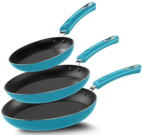 KICHLY Set Padelle antiaderenti in alluminio – set padella 3 pezzi induzione fondo, 20cm, 24cm e 28cm, nero (Turchese)