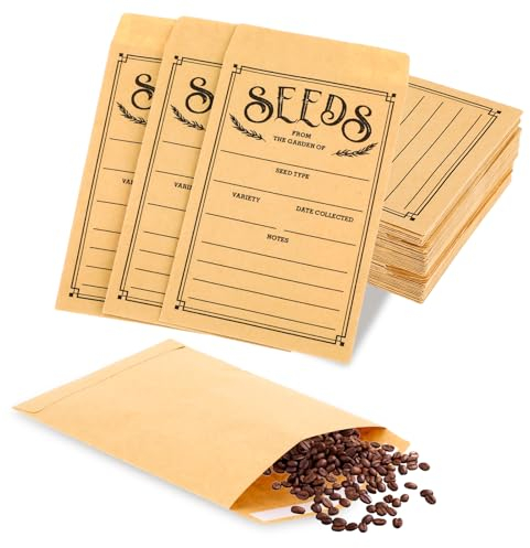 Ouligay 60 Sobres Pequeños Marrones para Almacenamiento de Semillas, Impresos con Tipos, Plantilla de Nombre y Sellado