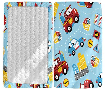 Hiseng 2 Stück Baby Spannbettlaken Bettlaken für Oval & Eckige Matratzen, Weiche Mikrofaser Spannbettlaken Kinderwagen Matratzenschoner für Beistellbett & Kinderwagen (Auto,40x80cm)