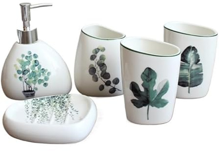 set accessoires salle de bain Ensemble d'accessoires de salle de bains à plantes vertes, distributeur de savon/porte-brosse à dents/gobelet/porte-savon, produits de salle de bains(5 piece set-A)