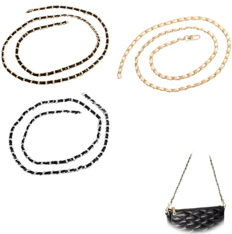 VARKAGE 3 Stück Schwarz Taschenkette, 120Cm Handtasche Kette, Tasche Schultergurt Kette für Handtaschen,Umhängetaschen,Geldbörsen (Schwarzes Gold，Schwarz Silber，Gold)