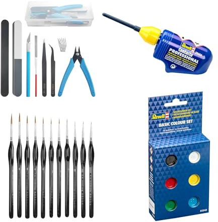 Revell Contacta Modellkleber mit Modellbau-Werkzeug-Set, Revell Basisfarb-Set und Premium-Pinsel-Set mit feinen Details, ideal für Kunststoff-Modellbau, 24 g Kleber, 9-teiliges Werkzeugset, 11 Pinsel,