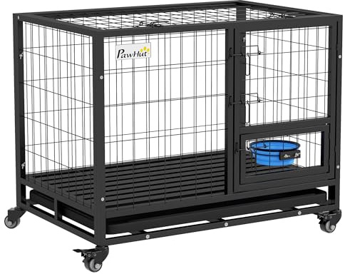 PawHut Jaula para Perros Jaula para Perros Grandes con Tapa Superior Abatible Soporte de Cuenco Bandeja Extraíble Ruedas y Puerta Doble Desmontable 92x62x73 cm Negro