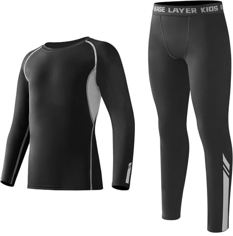 Base Layer Kids - Set di intimo termico traspirante per bambini, con strisce riflettenti, a maniche lunghe, a compressione, foderate in pile, per calcio, hockey, colore: grigio, Grigio, 14-16 Years