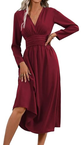 LIAMERHE Women's Winter Maxi Dress V-Neck Wrap Long Sleeve Spring Sundress Ladies Casual Elegant Plain Boho Dresses High-Waisted Beachdress for Autumn Burgundy S
