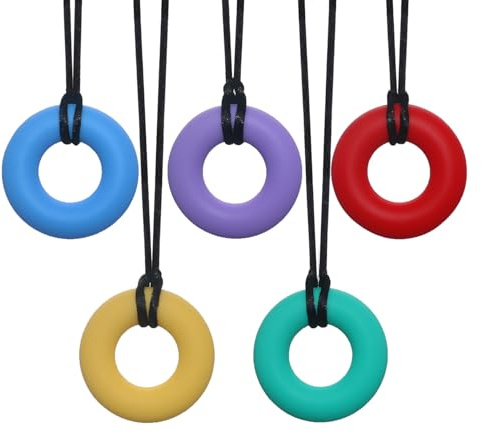 Confezione da 5 giocattoli masticabili in silicone a forma di ciambella, giocattoli sensoriali da masticare per bambini con autismo, ADHD, bisogni morsi, massaggiagengive masticabili per neonati