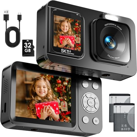 CamZeste Cámara Digital 5K Cámara de Fotos 80MP Camara Fotos Digital Cámara Digital Compacta con Zoom Digital 18X, Dos Pantallas, Autofocus, Tarjeta de 32G, 2 Batería para niños, Adolescentes, Negro