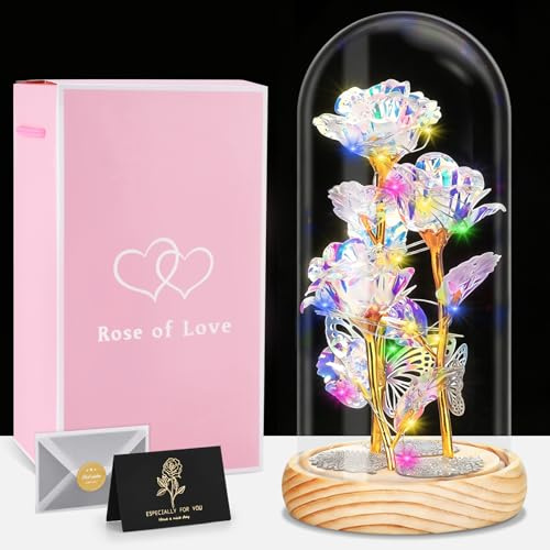 IGUGI Rosa Eterna,Kit de Rosas,Kit Elegante con Cúpula de Cristal,Rosa San Valentin Regalos Mujer,Beauty and Regalos Magicos Decoración para Valentín Aniversario Bodas,Flores Preservadas