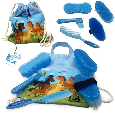 Children's Horse Grooming Kit with Bag - Pony Gift Set Includes Curry Comb, Hoof Pick, Brushes and Comb - Available in Blue or Pink - Ideal Kids Grooming Kit Horse Present Gift - Blue
