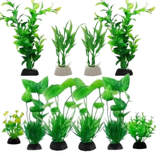 FUyanen 10 Pièces Décoration pour Aquarium,Décoration Plastique Poisson pour Réservoir,Fausses Plantes Aquatiques pour Accessoire Maison Bureau,Green Fish Tank Accessories