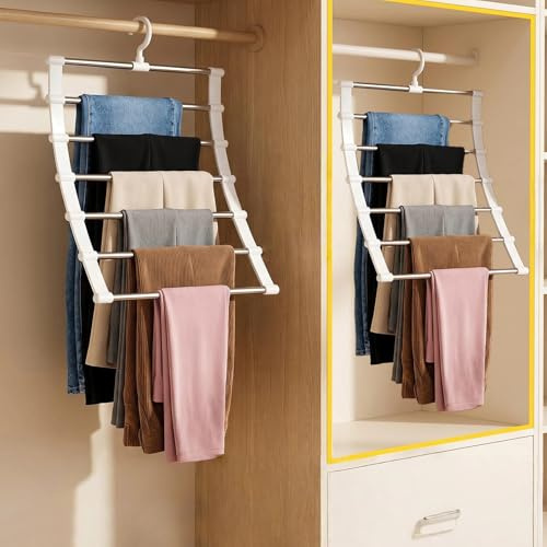 Lote de 2 perchas de pantalones de acero inoxidable - 6 niveles - Plegable - Antideslizante - Ideal para guardar tus perchas de trajes, faldas y perchas de pantalones de chándal en el armario