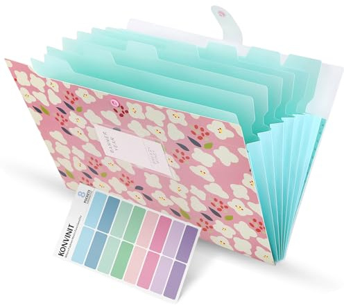KONVINIT Cartella portadocumenti espandibile formato A4 Portatile Plastica con 8 Tasche Motivo Floreale Organizer per Documenti con Chiusura Tramite Bottone a Scatto,Pink