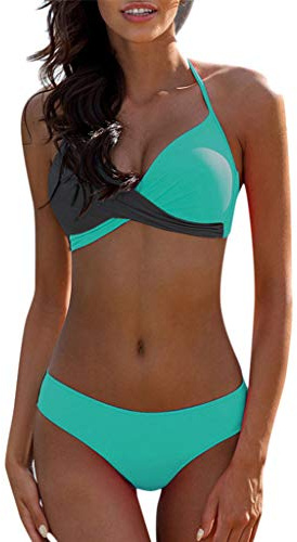 Dambikiniset, push-up, vadderad tvådelad baddräkt, sexig halterneck, bikini, kanpola, crossover, bikinitopp och triangel-bikinitrosor, badmode med färgblock, 11 mintgrön, 40 SE