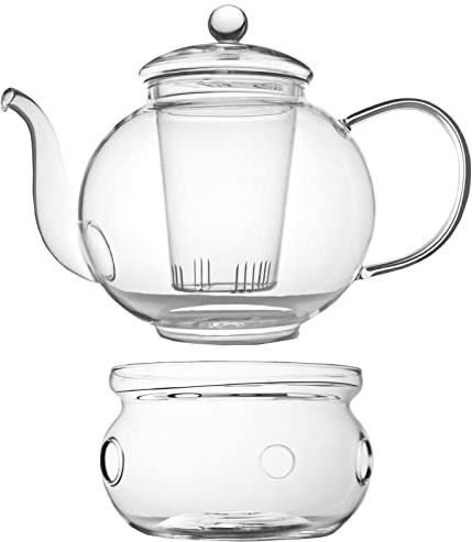 Teekanne Glas einwandig 1.5 Liter - Glas Tee-Filter-Einsatz für losen Tee oder Teebeutel - große Glaskanne mit Teewärmer aus Glas