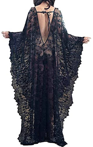 LikeJump Damen Blumenspitze Transparent Kaftan Maxi Übergröße Strandkleider Lang Kleid Kimono Badeanzug Cover Ups