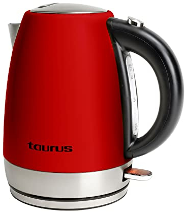 Taurus Vintage Red - Hervidora de agua, 2200W, 1.7L, base giratoria 360º, asa ergonómica, apagado automático, botón de apertura, filtro extraíble, alojamiento para el cable, acero inoxidable, roja