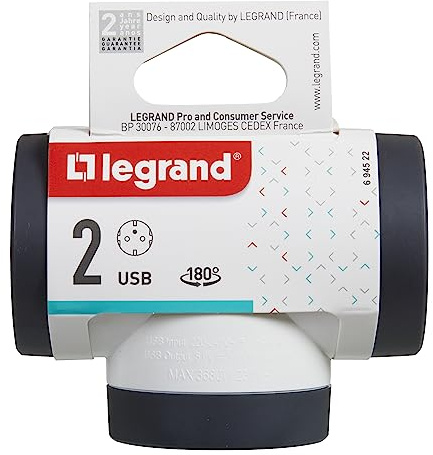 Legrand 694522, 2P+T-adaptrar, 2 uttag/Socket Powers, USB Type-A och C-portar, Plug-tjuv, Färg Vit/Mörkgrå