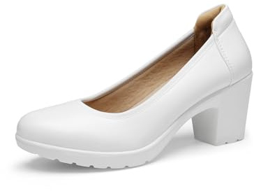 DREAM PAIRS Womens Edena Chunky Closed Toe Low Block Heels Work Pumps Comfortable Round Toe Dress Wedding Shoes SDPU2230W,Size 5,White,SDPU2230W