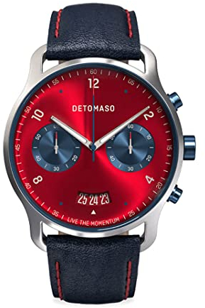 DeTomaso SORPASSO MACCHINA Silver Rot Herren-Armbanduhr Analog Quarz Lederarmband Blau