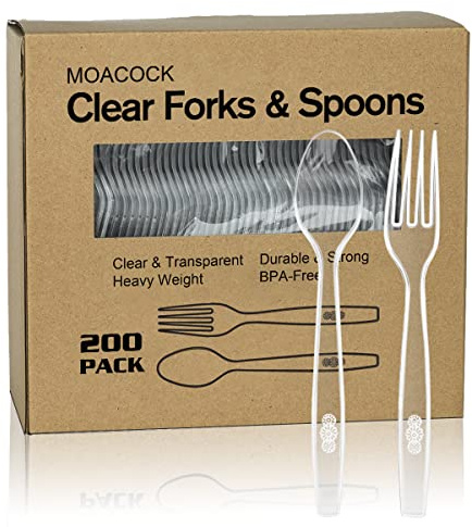 MOACOCK 200 Count Plastic Silverware, Heavy Weight Plastic Forks Spoons Disposable Utensils Cutlery Set for Wedding Party Supplies Everyday Use