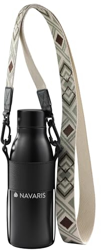 Navaris Bouteille d'eau 600 ML - Gourde Isotherme Double paroi avec Housse et Sangle - Bouteille Boisson Froide et Chaude avec Porte Bouteille