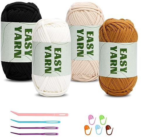 4 X 50g Häkelgarn Baumwolle Chenille Wolle Zum Häkeln Easy Crochet Yarn Cotton Dicke Wolle zum Häkeln gut Sichtbare Maschen, Wolle zum Häkeln Dickes Garn Baumwoll-Nylon(Beige + Braun + Weiß + Schwarz)