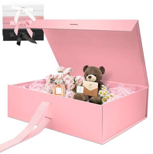 Rosa Luxus Große Magnet-Geschenkbox, 32,5 * 23 * 10,5cm mit Band, Papier& Grußkarte Party Favor Box für Hochzeit, Geburtstag & Muttertag