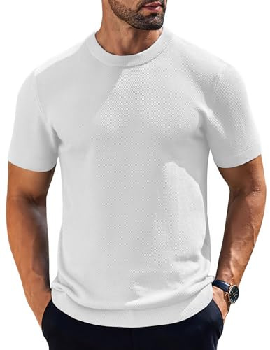 COOFANDY Men's Crewneck Shirts Short Sleeve Knit Tshirts Classic Dress Tee Shirts Casual Stylish Summer, White, Large