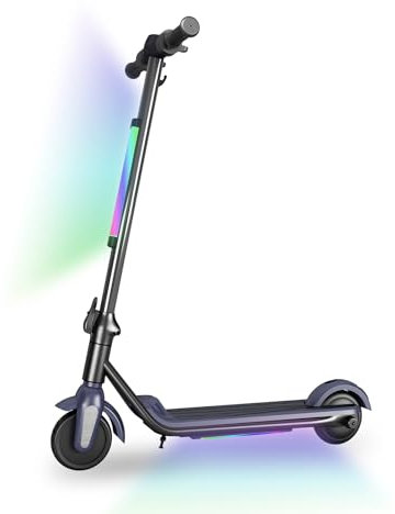 Scooter eléctrico para niños 6-12 años,Scooter eléctrico Plegable,Dos Tipos de Frenos,Alcance 5-8KM,Velocidad máxima 14KM/H,Luces Arco Iris,Luces LED,Patinete eléctrico niños (Gris)