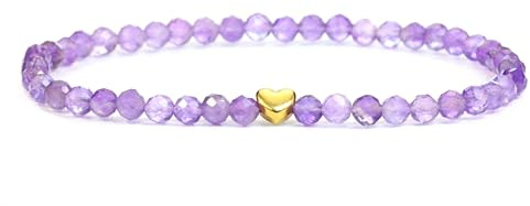 LAKADA Echtes Amethyst Edelstein Armband mit facettierten 4mm Perlen und Edelstahlherz Heilstein Schutzstein Edelsteinarmband Glücksbringer Talisman Geschenk (Amethyst, 18CM)